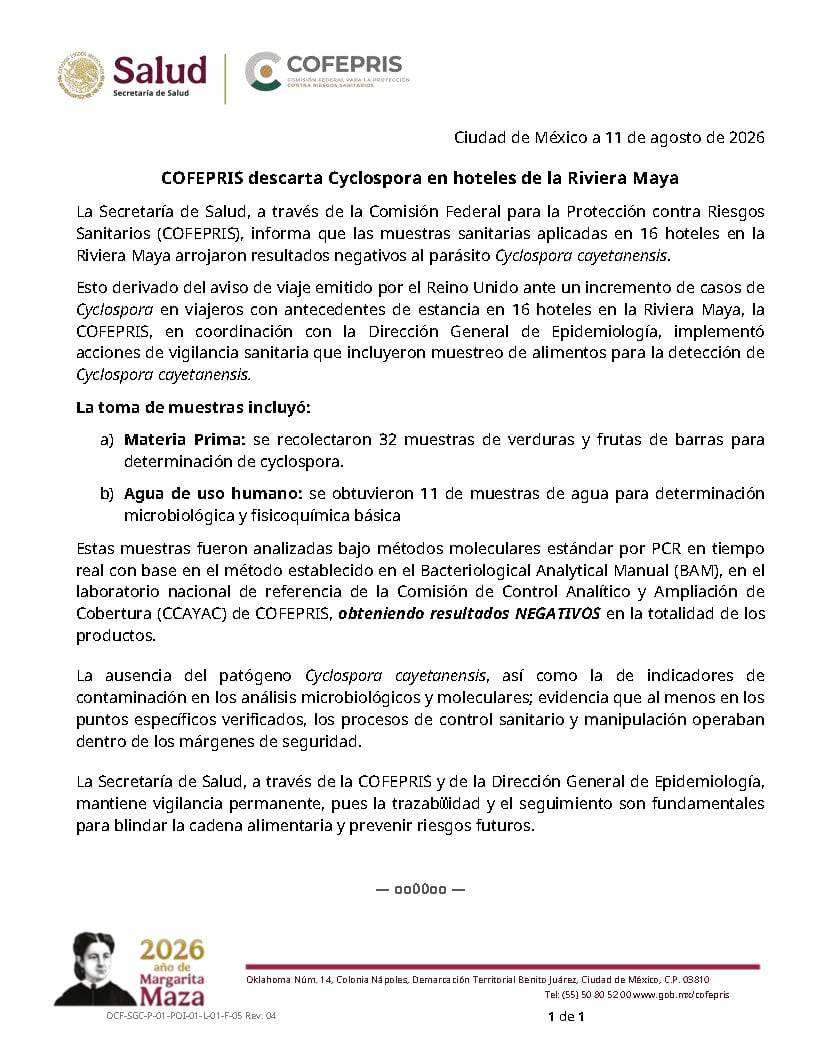 COFEPRIS descarta Cyclospora en hoteles de la Riviera Maya
