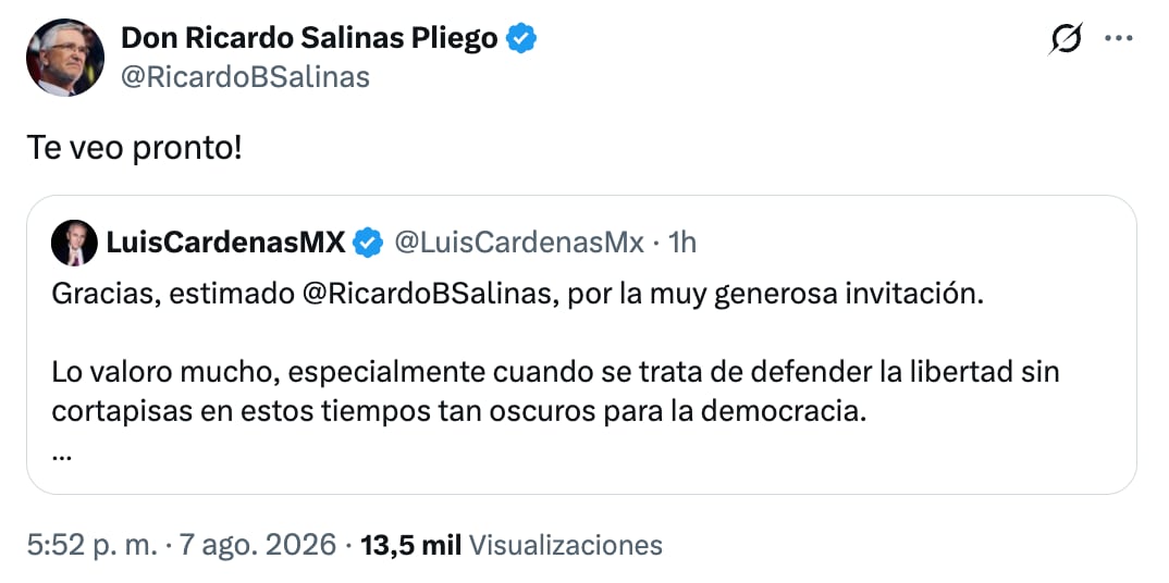 Ricardo Salinas Pliego responde a Luis Cárdenas
