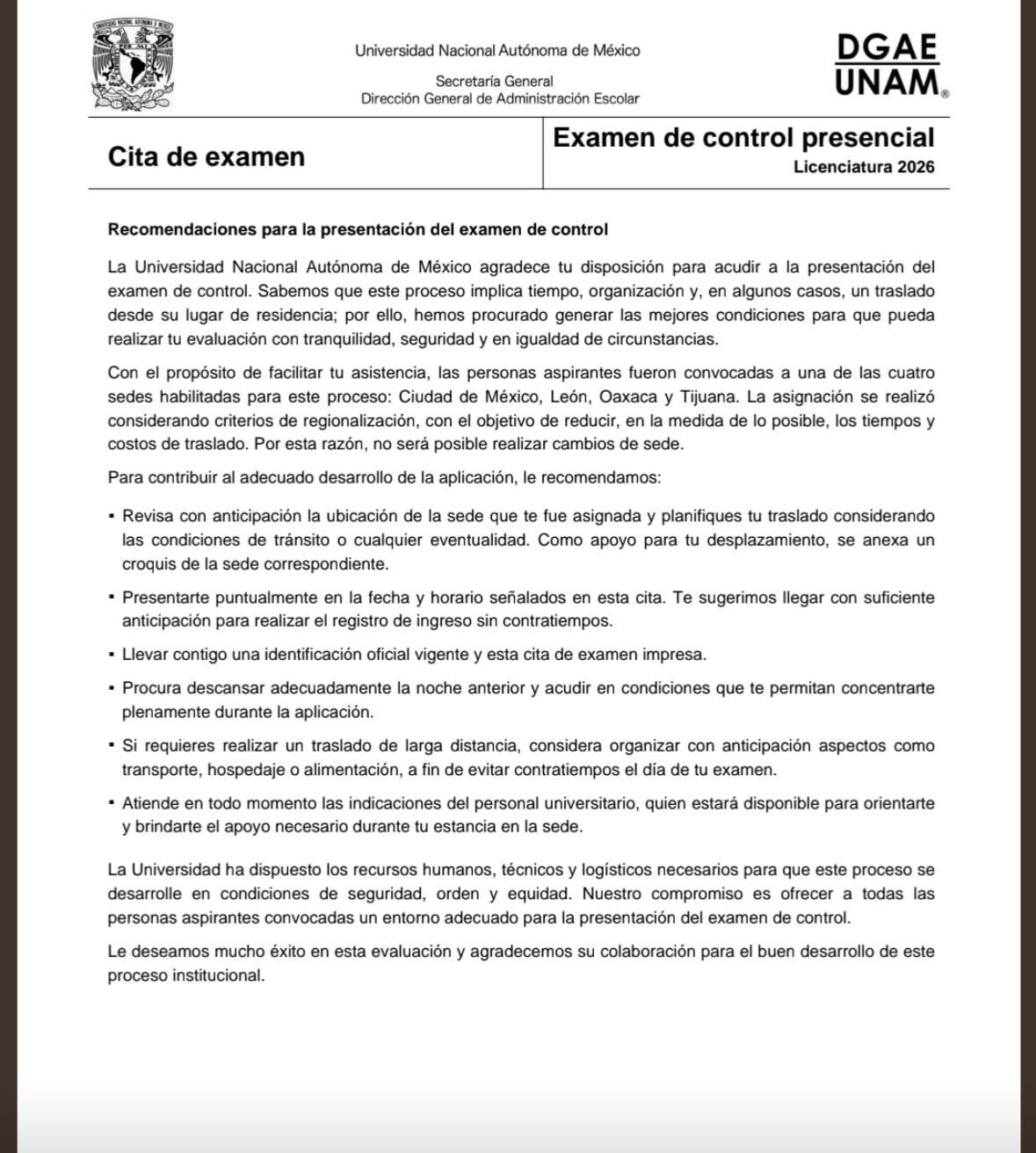 ufpdvtq6prcmde6y3w55rnspim UNAM responde a aspirantes: No hay cambios de sede para el examen de control