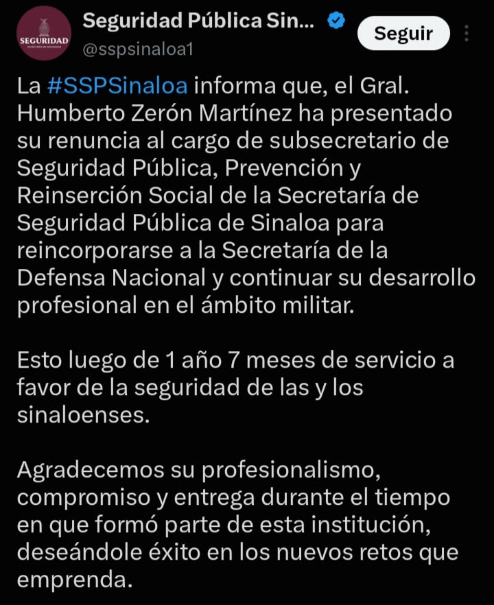 Renuncia Humberto Zerón Martínez a la Subsecretaría de Seguridad de Sinaloa