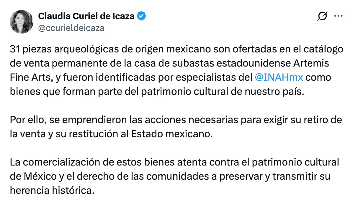 Secretaría de Cultura exige retirar 31 piezas arqueológicas mexicanas de una subasta en Estados Unidos