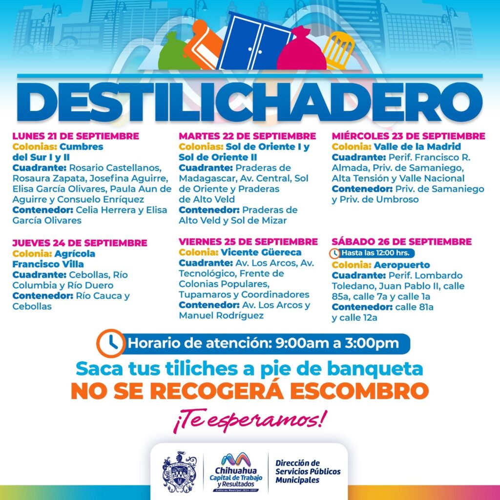 Estará Destilichadero en 8 colonias del 21 al 26 de septiembre