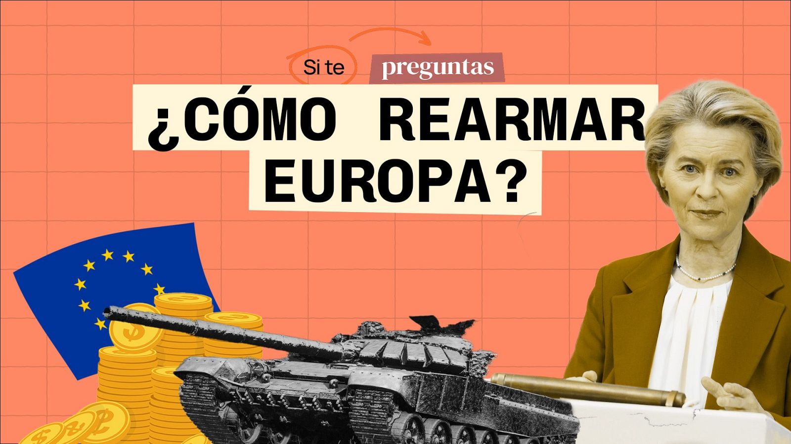 16502215 Ursula von der Leyen en imagen que pregunta "¿CÓMO REARMAR EUROPA?", junto a símbolos de la UE, un tanque y monedas, sugiriendo debate sobre financiación y logística del rearme.
