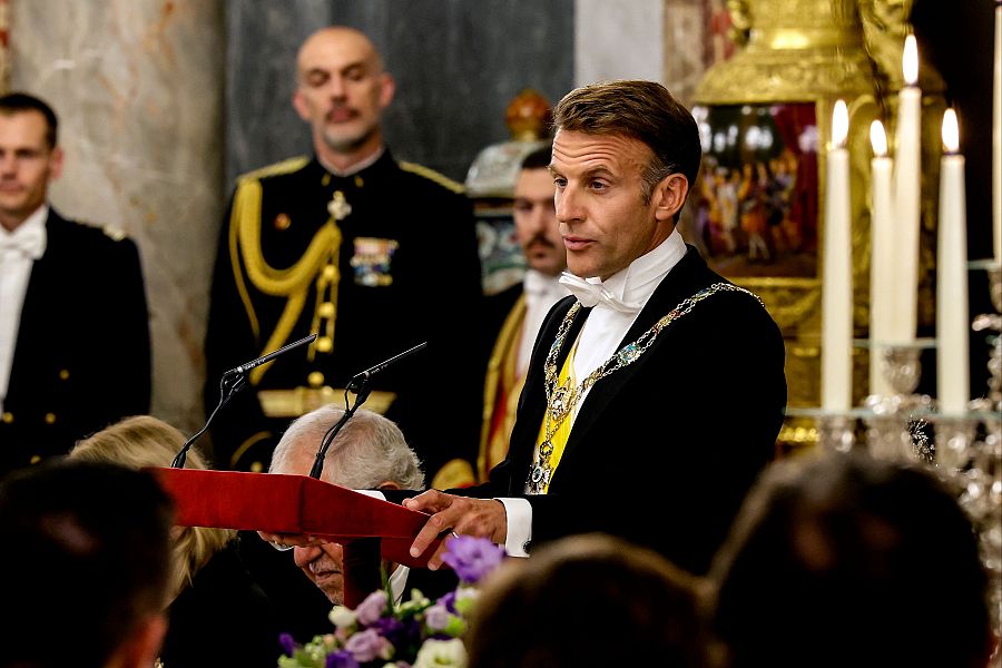 El presidente de la República de Francia, Emmanuel Macron, durante el discurso ofrecido en la cena de gala