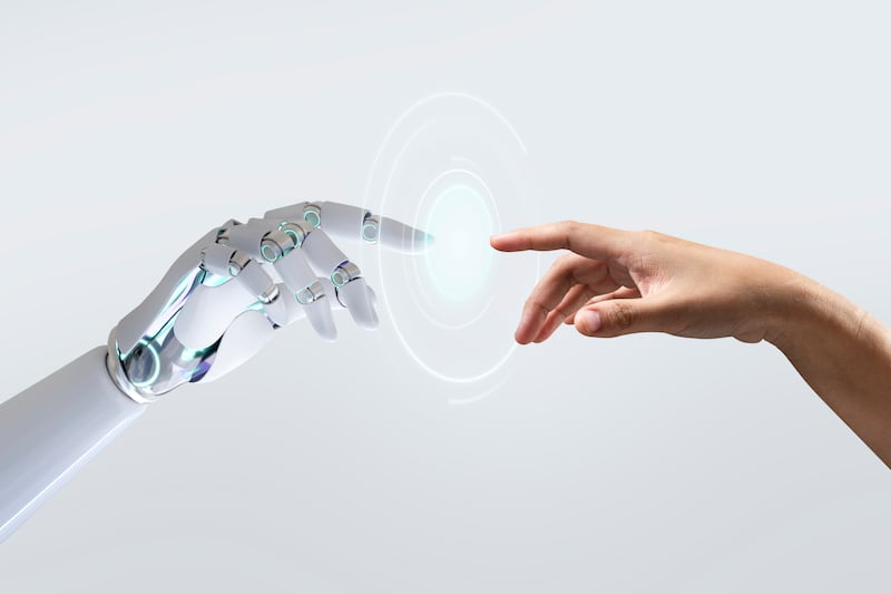La inteligencia artificial y el nuevo límite ético y epistémico Technology meets humanity background, modern remake of The Creation of Adam