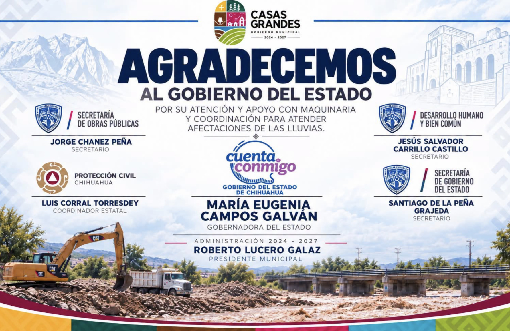 Casas Grandes agradece a Maru Campos y Santiago de la Peña apoyo ante lluvias