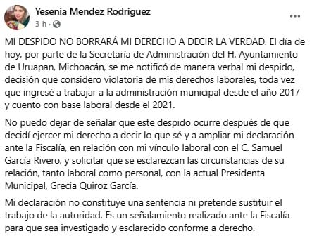 Yesenia Méndez deja el Ayuntamiento de Uruapan; esto se sabe de su salida