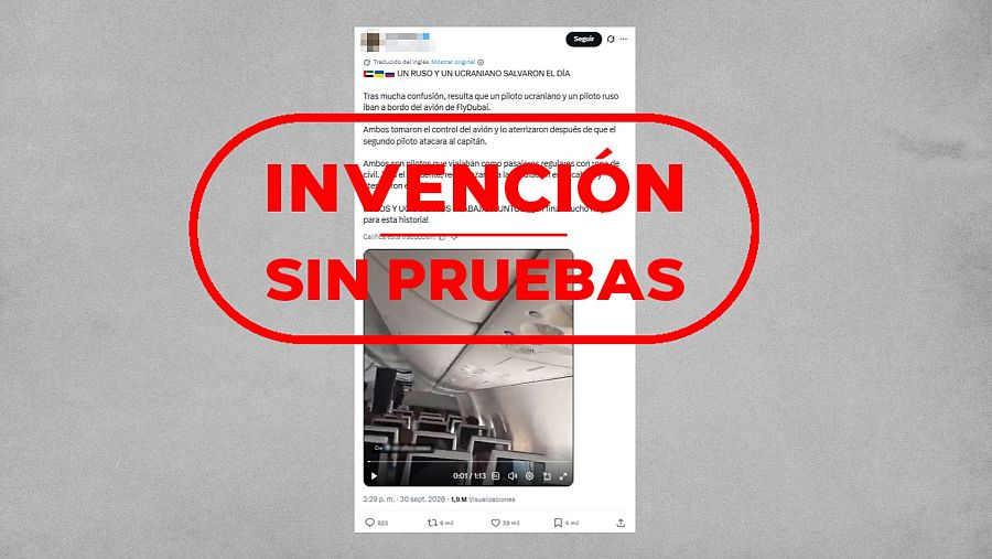 Mensaje de X que difunde la falsa historia de que el avión lo aterrizaron un piloto ruso y uno ucraniano