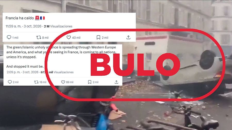 Mensajes que difunden un vídeo de coches quemados como si correspondiera a las protestas estudiantiles actuales en Francia con sello Bulo