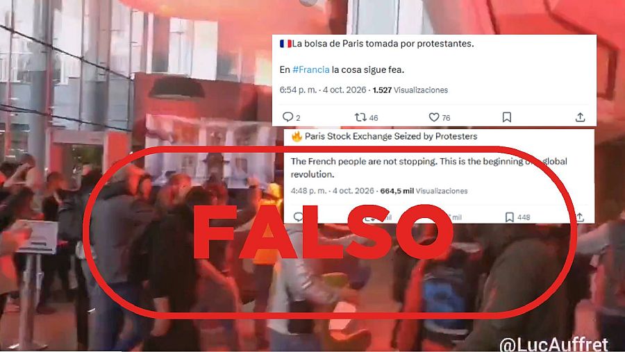 Mensajes que difunden como actuales imágenes de un grupo de personas entrando con bengalas en un edificio en 2023 con sello falso