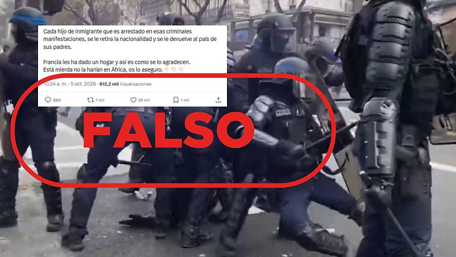 Mensaje que difunde una grabación de un policía herido de 2023 como si fueran las protestas actuales en Francia con sello falso