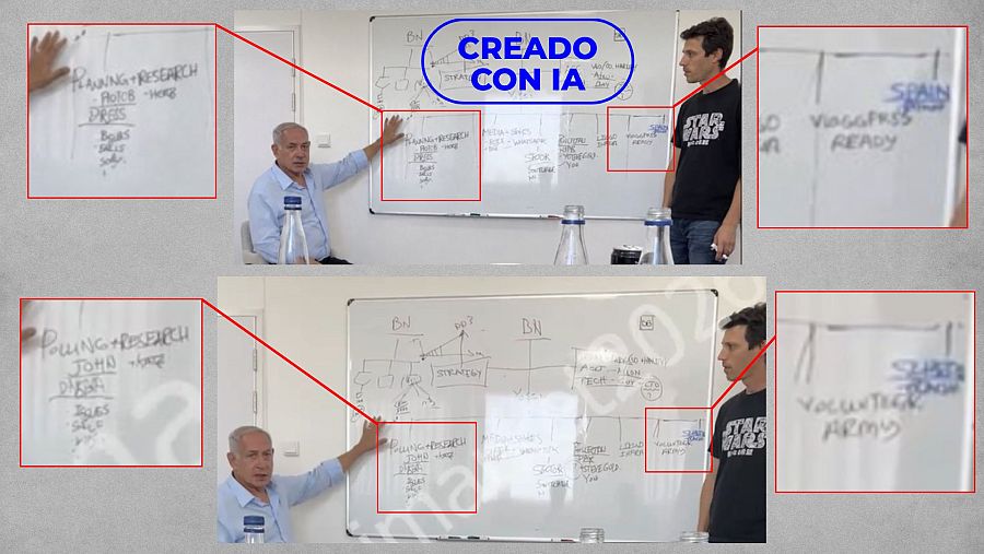 17270742 Diferencias entre la imagen que circula por X (arriba) y frame del vídeo difundido anteriormente en Telegram (abajo).
