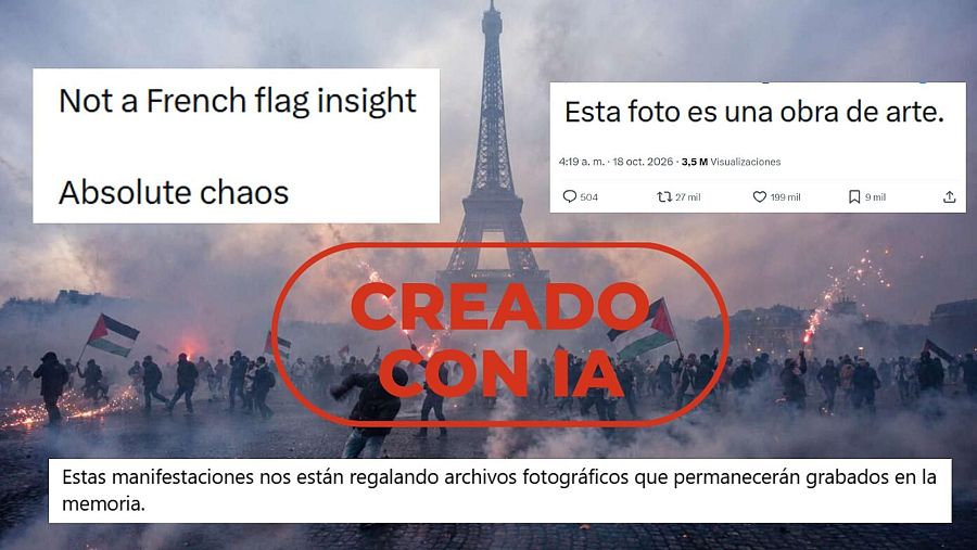 Mensajes que difunden como si fuera real una foto creada con IA de disturbios en la Torre Eiffel