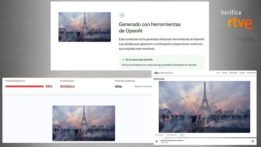 Resultado que ofrecen tres herramientas de detección de IA sobre la imagen
