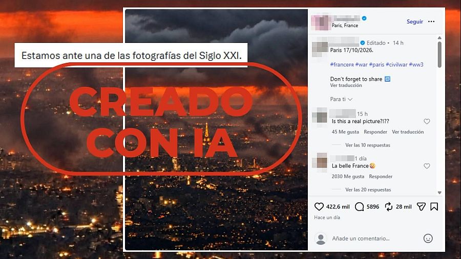Mensajes de Instagram y X que difunden la imagen creada con IA como si fuera París con sello Creado con IA