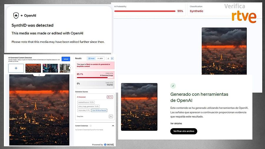 Resultados de Hive Moderation, TruthScan, OpenAI y de Google SynthID sobre la imagen de redes