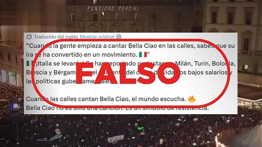 Mensaje de X que comparte un vídeo de 2019 como si fuera de las protestas actuales en Italia