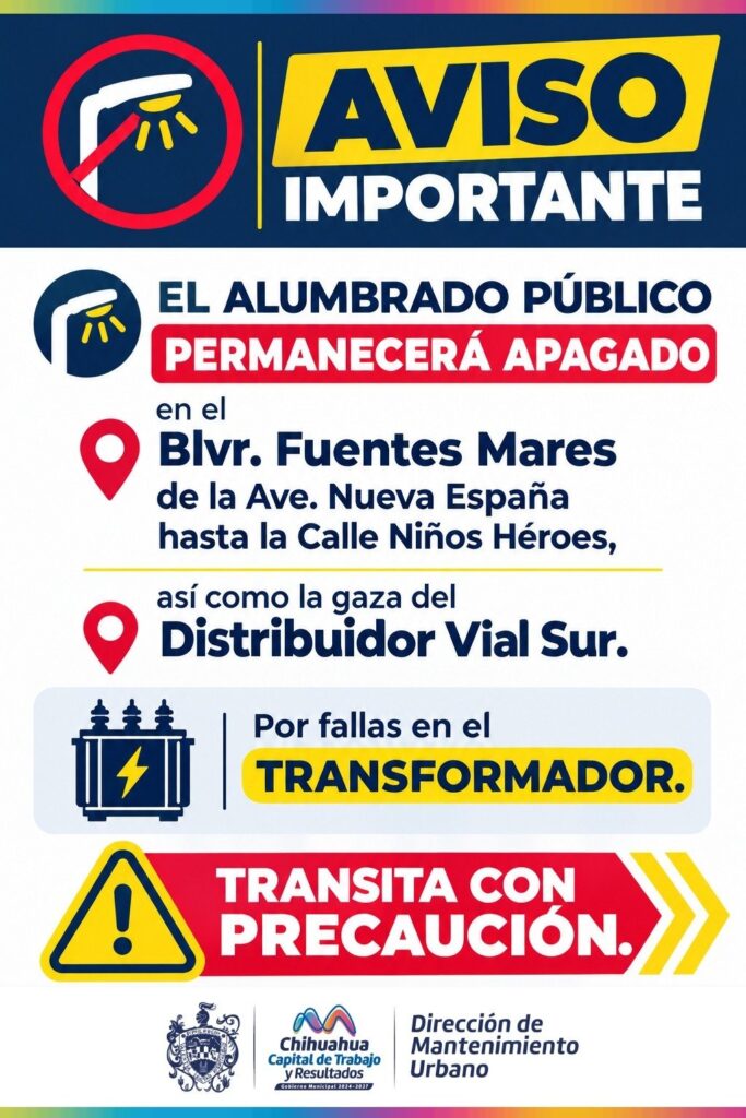 Apagado alumbrado público de la Fuentes Mares y Nueva España por fallas en transformador